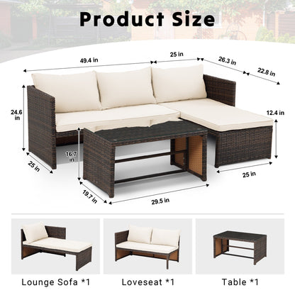 Set di mobili da esterno in rattan PE da 3 pezzi, divano a due posti in vimini per conversazione, divano componibile con cuscino