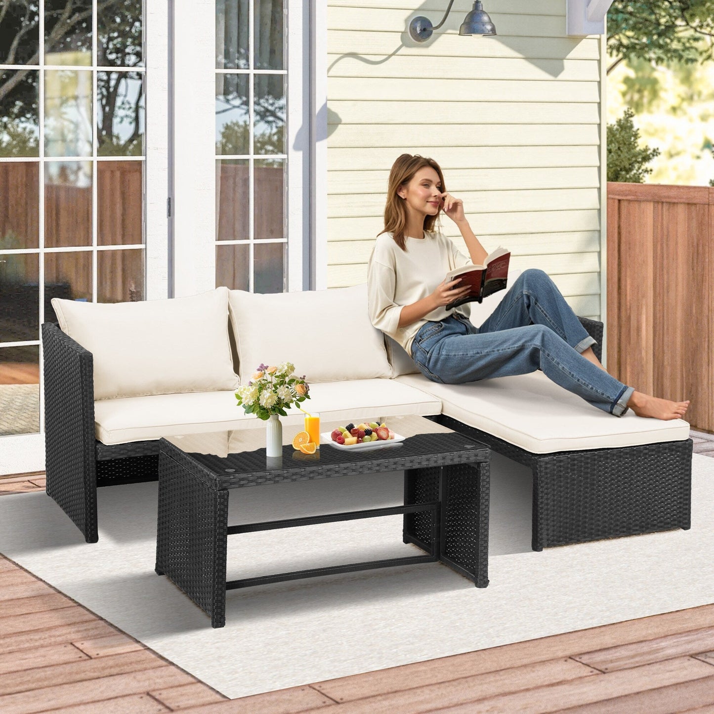 Set di mobili da esterno in rattan PE da 3 pezzi, divano a due posti in vimini per conversazione, divano componibile con cuscino