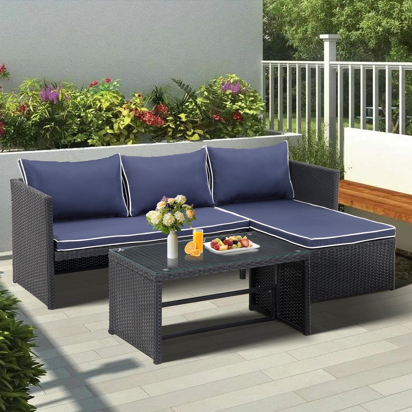 Set di mobili da esterno in rattan PE da 3 pezzi, divano a due posti in vimini per conversazione, divano componibile con cuscino