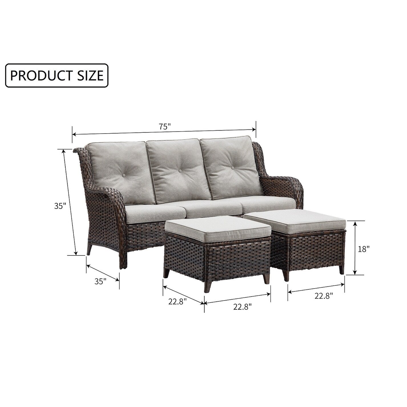 Set di 3 pouf componibili in vimini con schienale alto per esterni Gymojoy