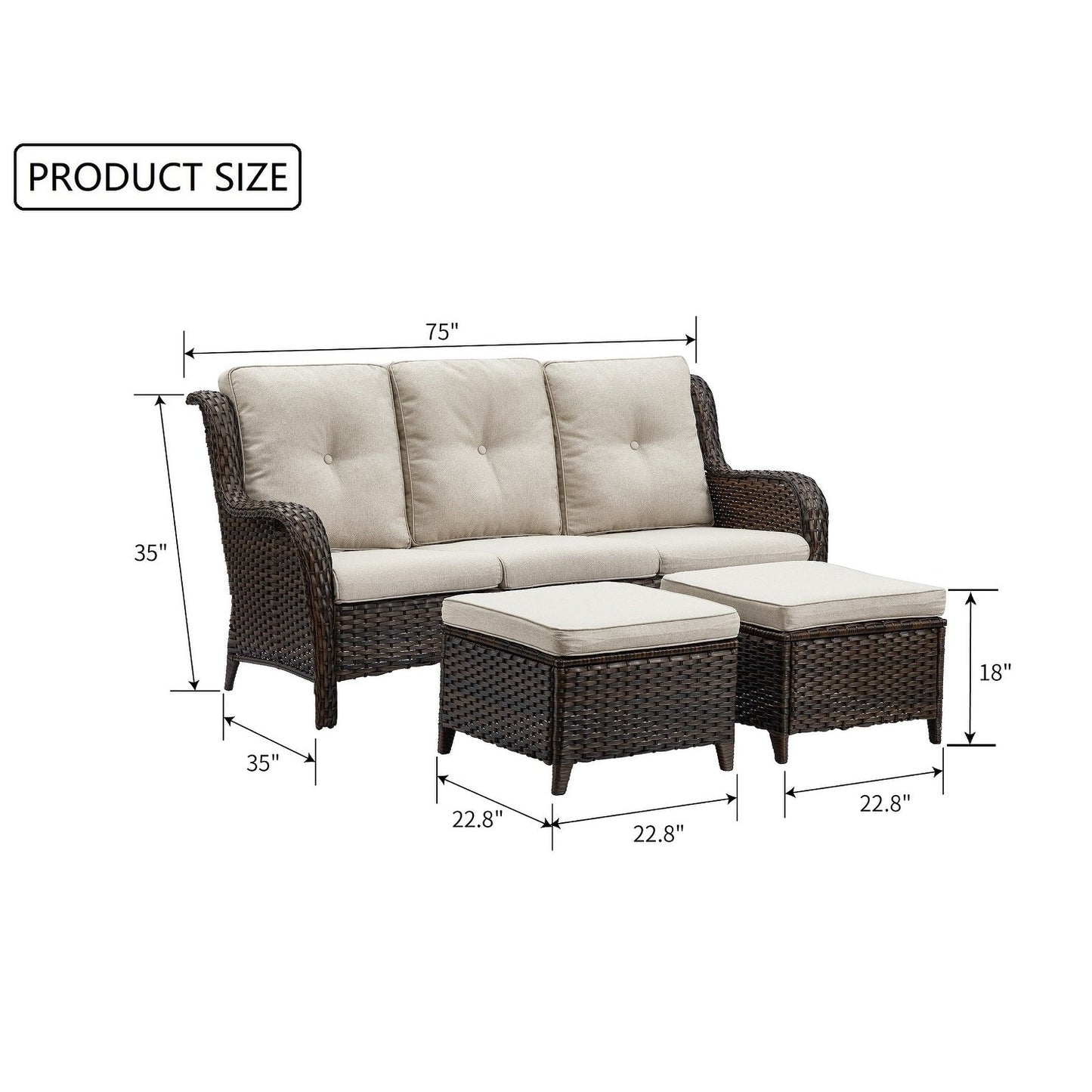 Set di 3 pouf componibili in vimini con schienale alto per esterni Gymojoy