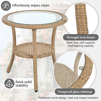 Set di 3 sedie da conversazione per il tempo libero in rattan per patio esterno con 2 sedie e tavolino in vetro