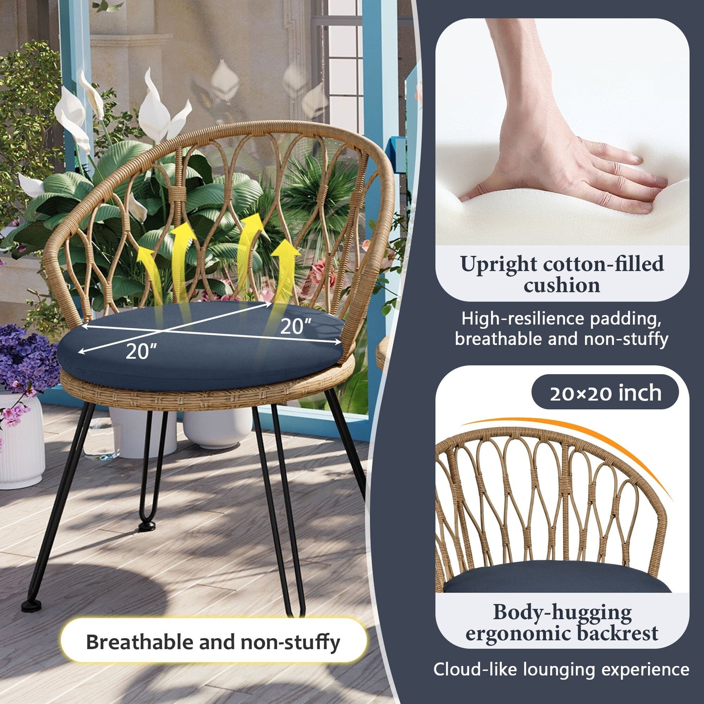 Set di 3 sedie da conversazione per il tempo libero in rattan per patio esterno con 2 sedie e tavolino in vetro