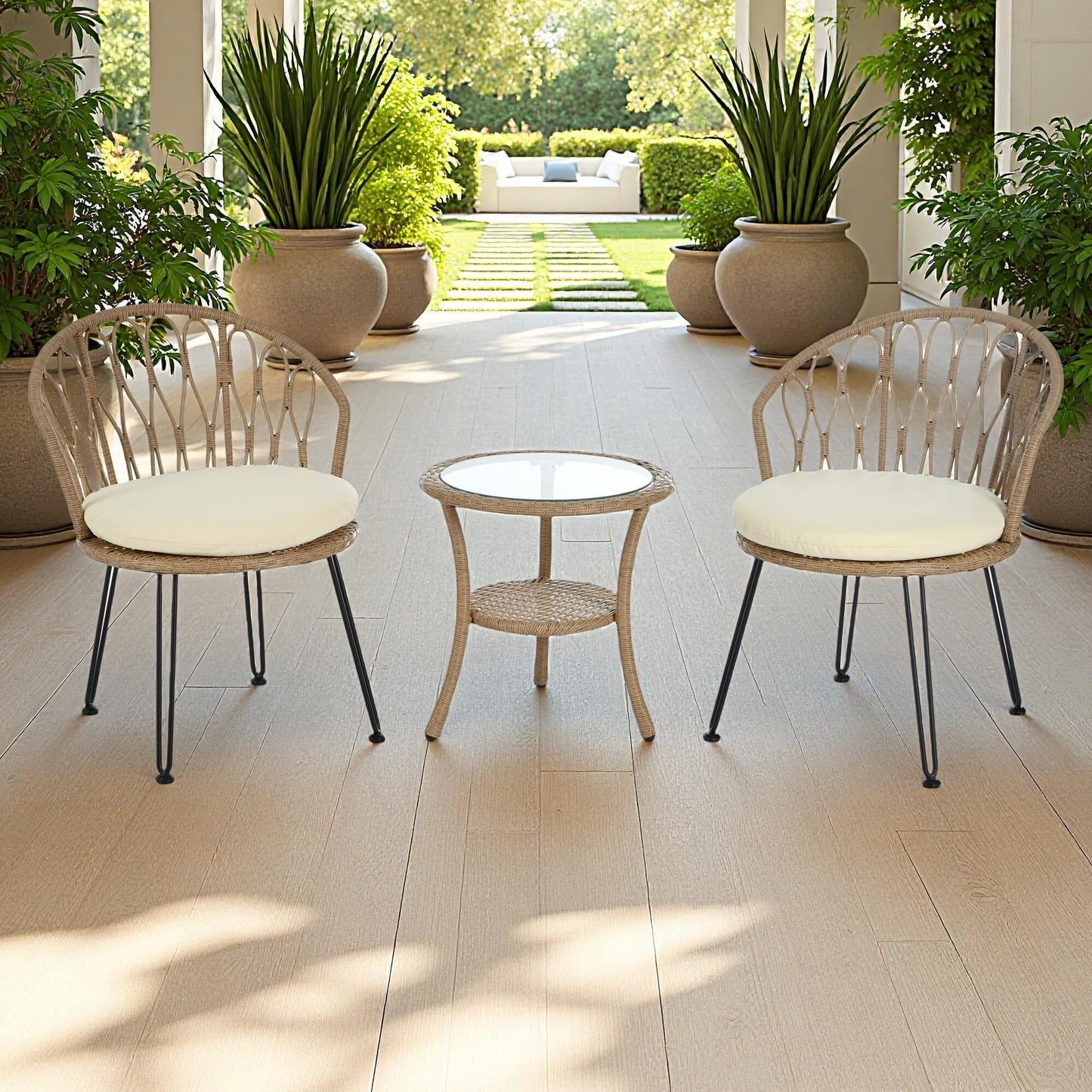 Set di 3 sedie da conversazione per il tempo libero in rattan per patio esterno con 2 sedie e tavolino in vetro