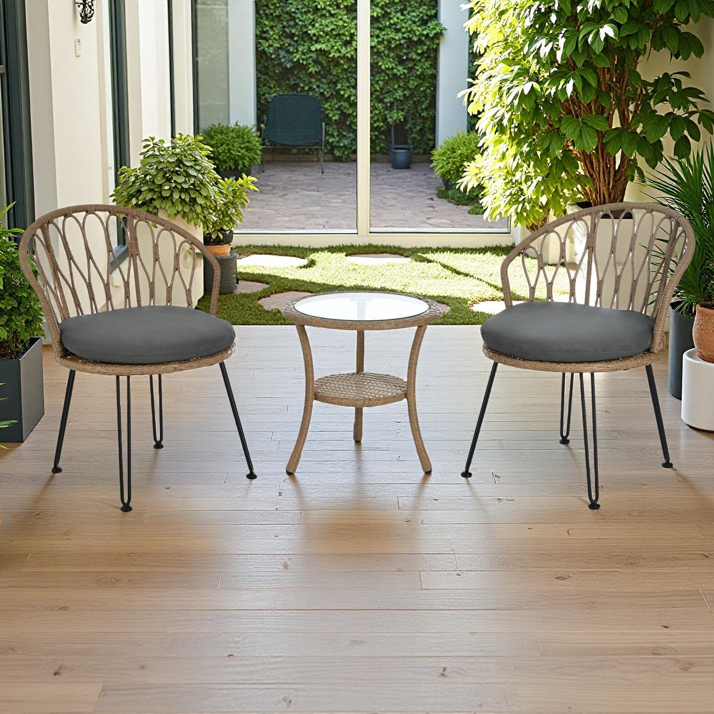 Set di 3 sedie da conversazione per il tempo libero in rattan per patio esterno con 2 sedie e tavolino in vetro