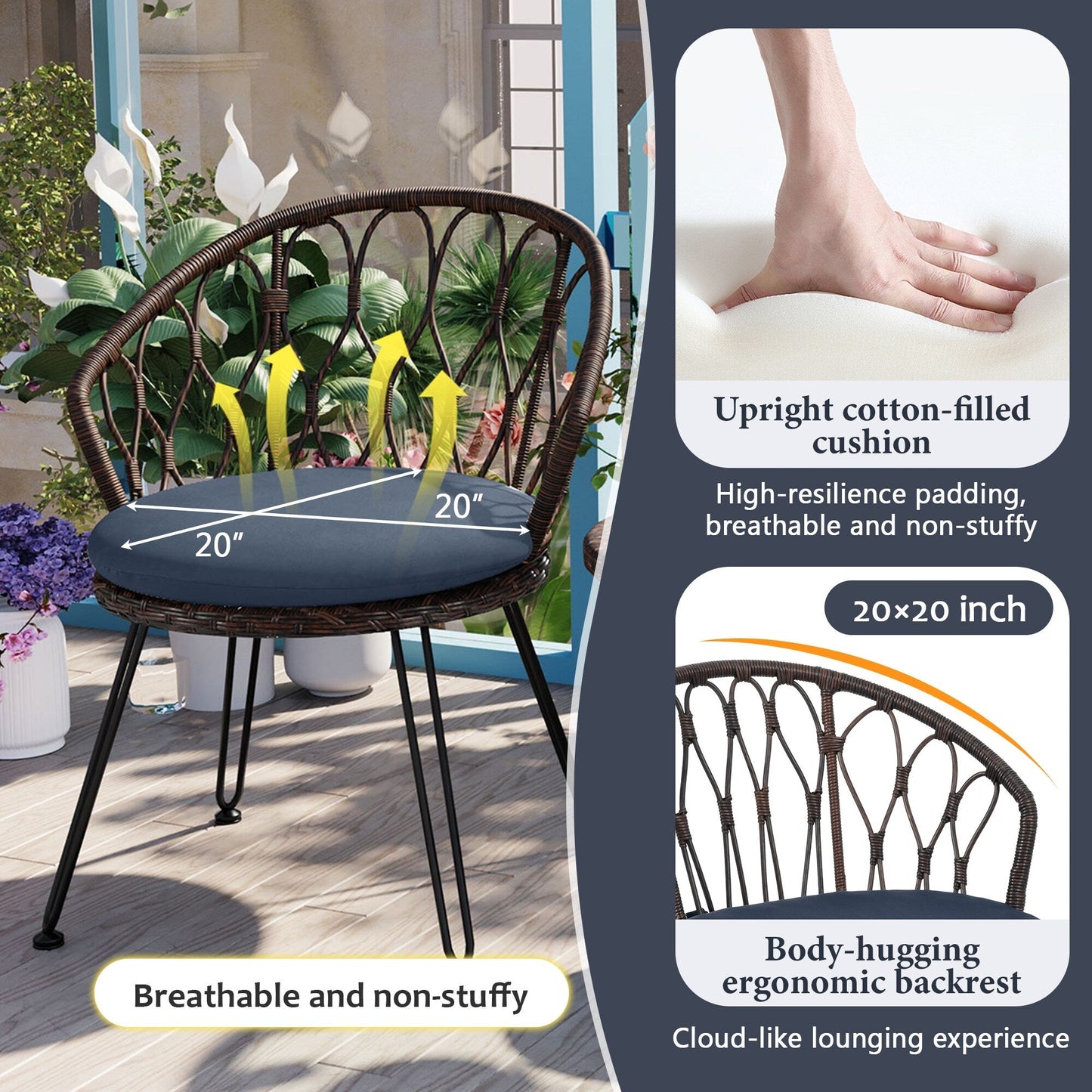 Set di 3 sedie da conversazione per il tempo libero in rattan per patio esterno con 2 sedie e tavolino in vetro