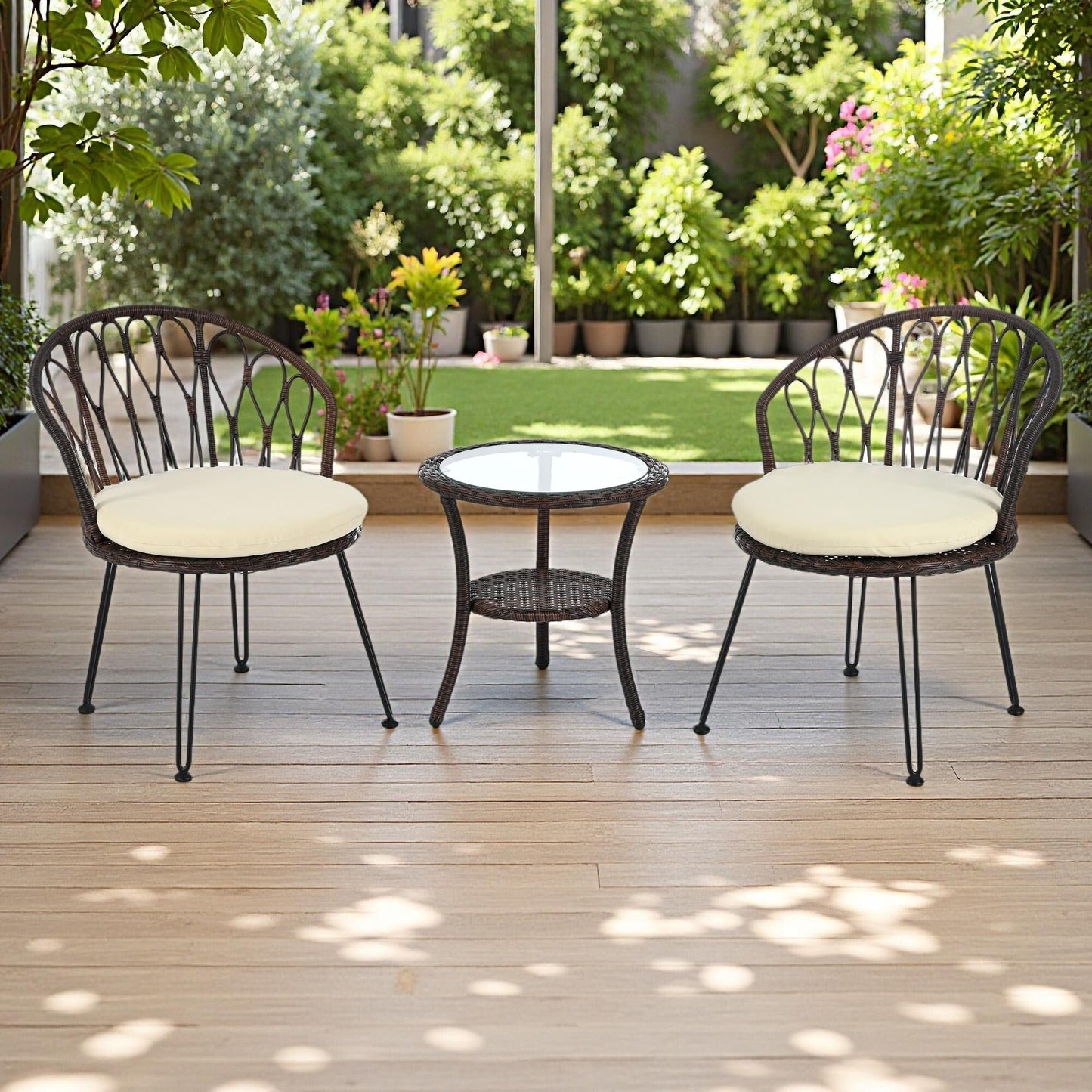 Set di 3 sedie da conversazione per il tempo libero in rattan per patio esterno con 2 sedie e tavolino in vetro