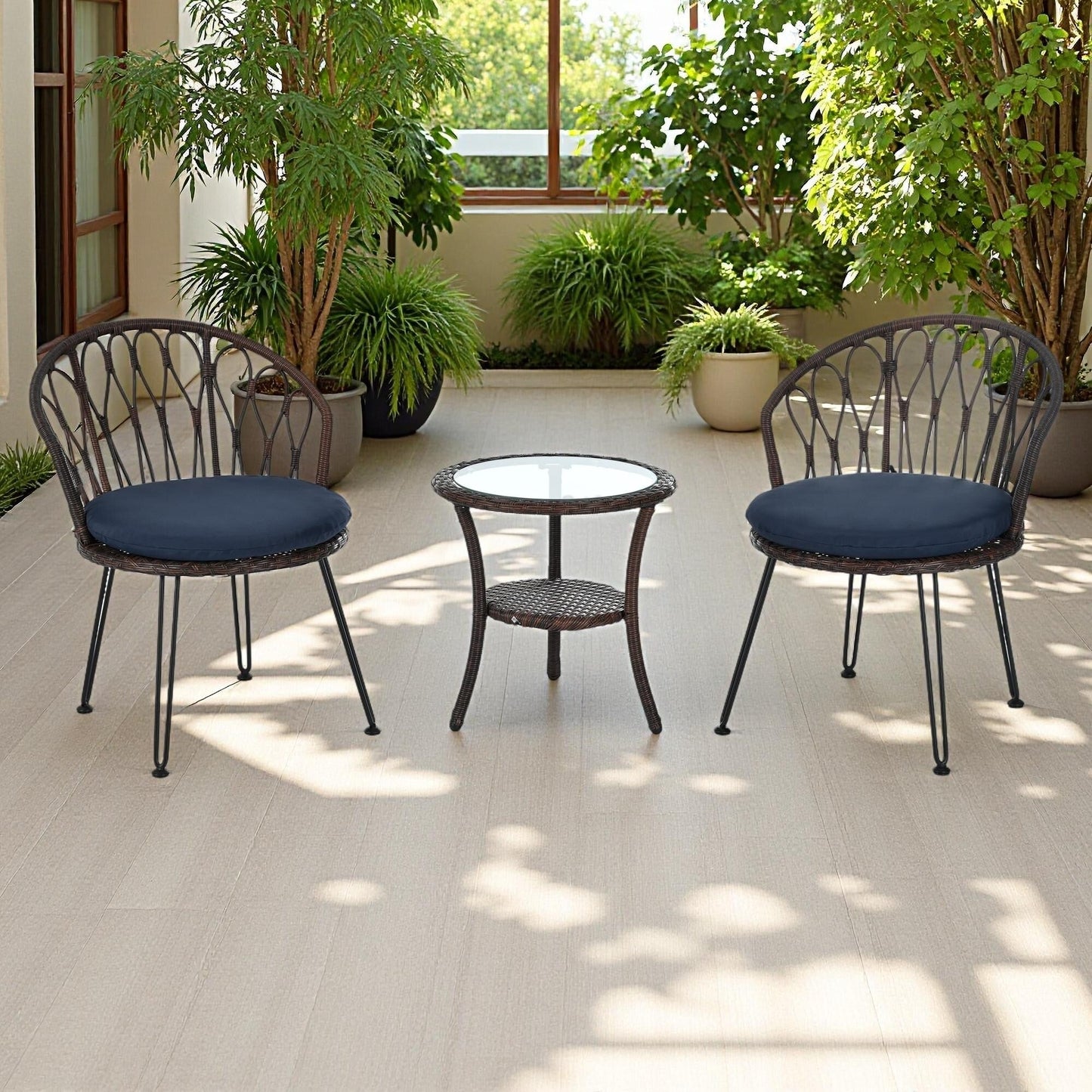 Set di 3 sedie da conversazione per il tempo libero in rattan per patio esterno con 2 sedie e tavolino in vetro