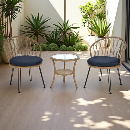 Set di 3 sedie da conversazione per il tempo libero in rattan per patio esterno con 2 sedie e tavolino in vetro