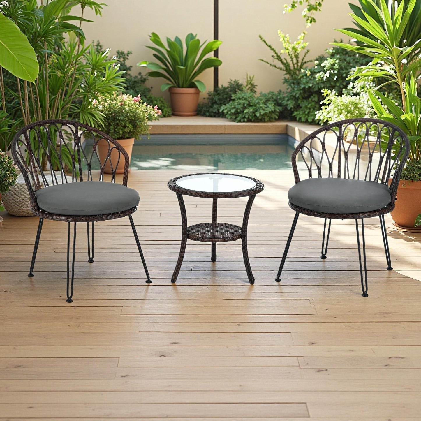 Set di 3 sedie da conversazione per il tempo libero in rattan per patio esterno con 2 sedie e tavolino in vetro