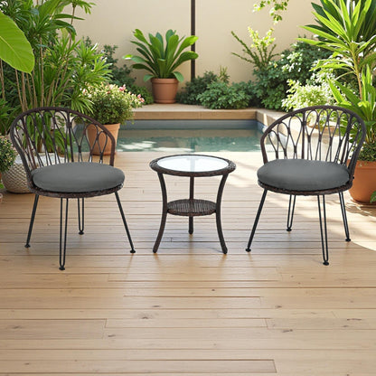 Set di 3 sedie da conversazione per il tempo libero in rattan per patio esterno con 2 sedie e tavolino in vetro