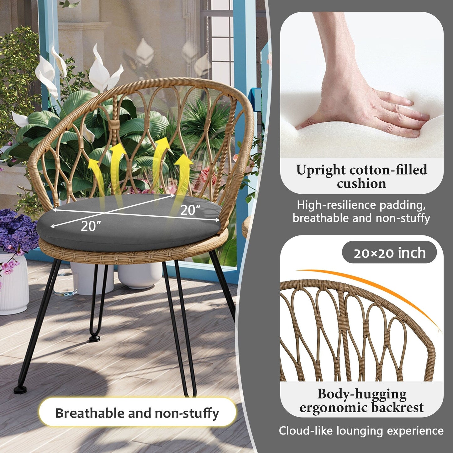 Set di 3 sedie da conversazione per il tempo libero in rattan per patio esterno con 2 sedie e tavolino in vetro