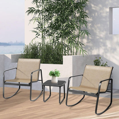 Set da bistrot con sedia a dondolo da esterno per patio, 3 pezzi, e tavolino da caffè con piano in vetro