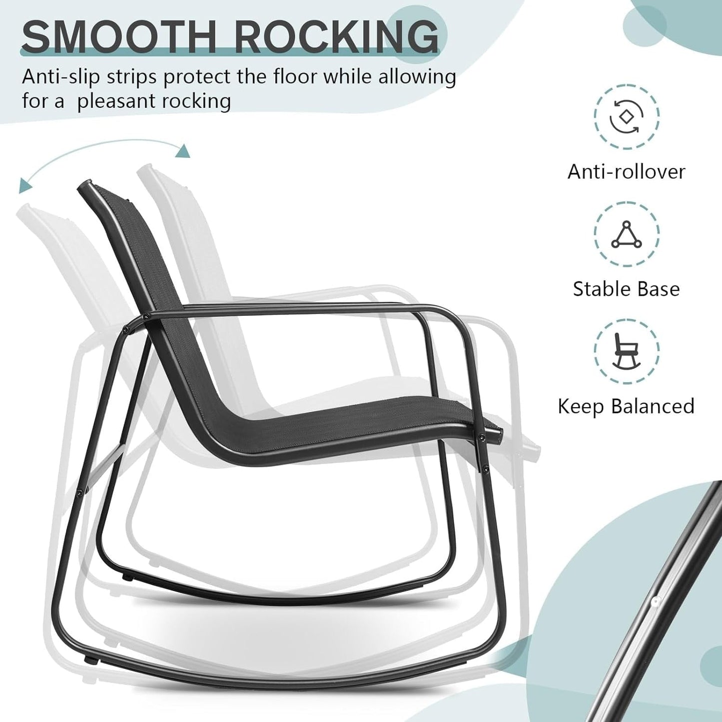 Set da bistrot con sedia a dondolo da esterno per patio, 3 pezzi, e tavolino da caffè con piano in vetro