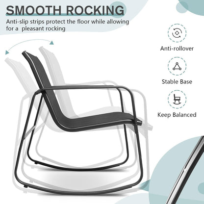 Set da bistrot con sedia a dondolo da esterno per patio, 3 pezzi, e tavolino da caffè con piano in vetro