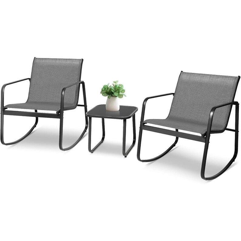 Set da bistrot con sedia a dondolo da esterno per patio, 3 pezzi, e tavolino da caffè con piano in vetro
