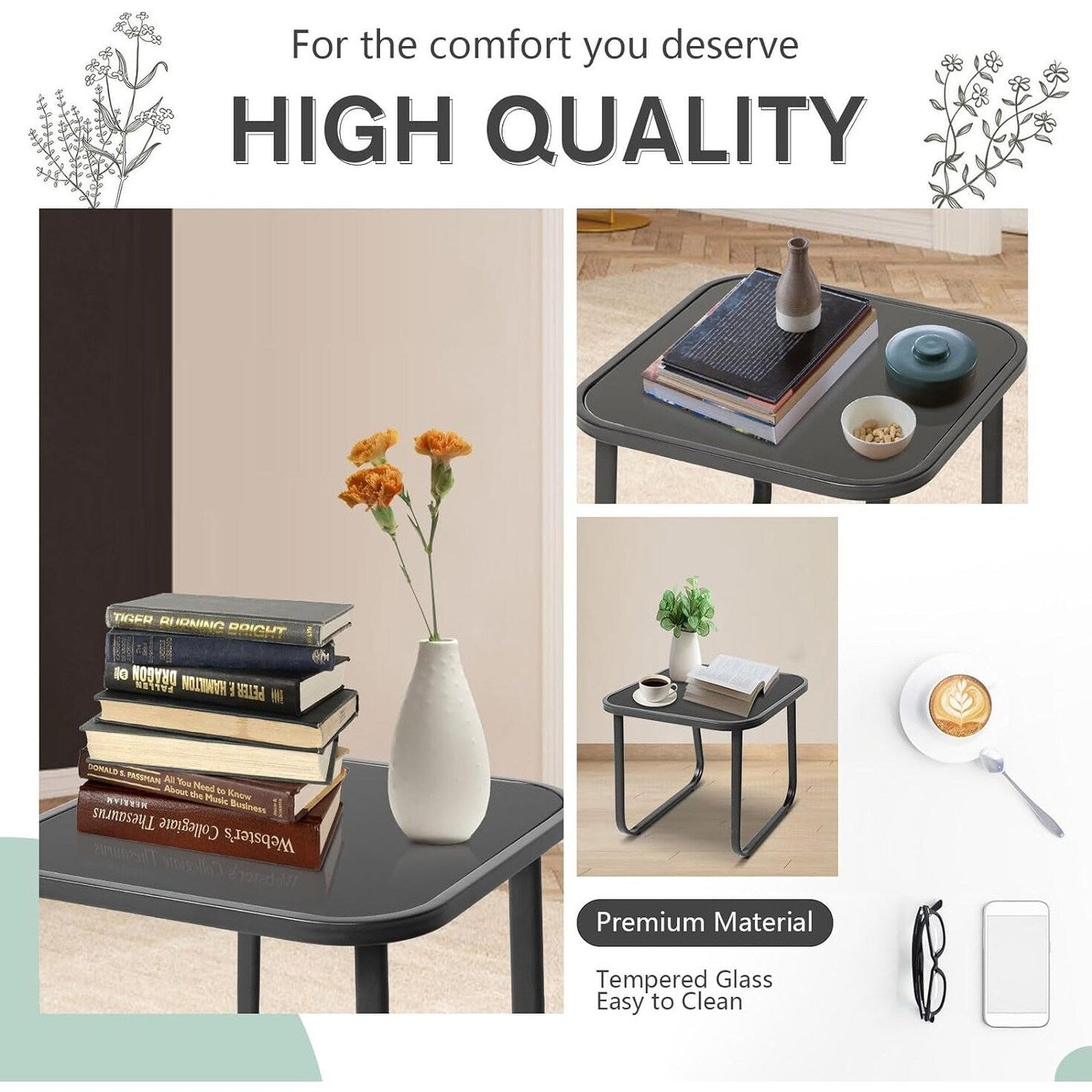 Set da bistrot con sedia a dondolo da esterno per patio, 3 pezzi, e tavolino da caffè con piano in vetro