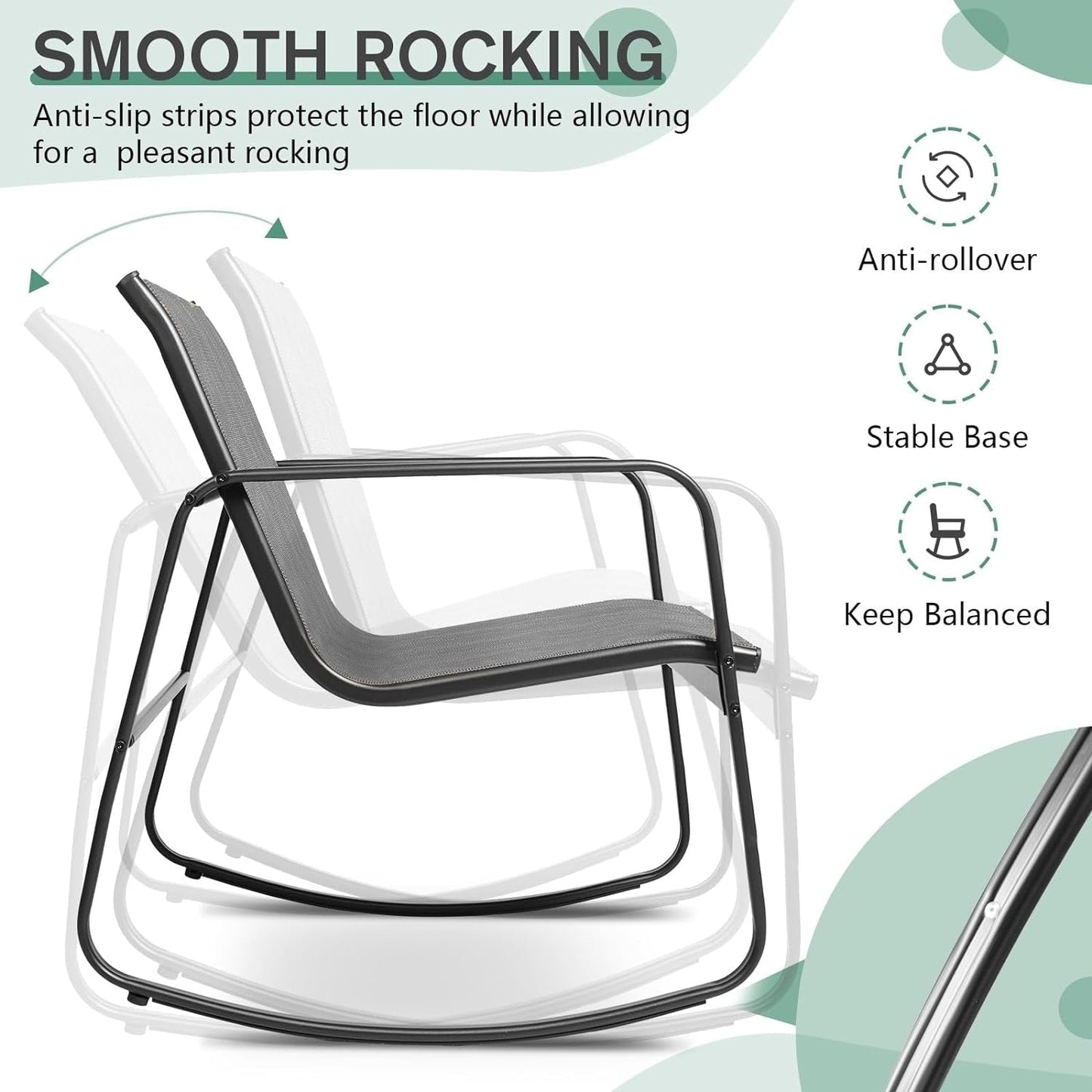 Set da bistrot con sedia a dondolo da esterno per patio, 3 pezzi, e tavolino da caffè con piano in vetro