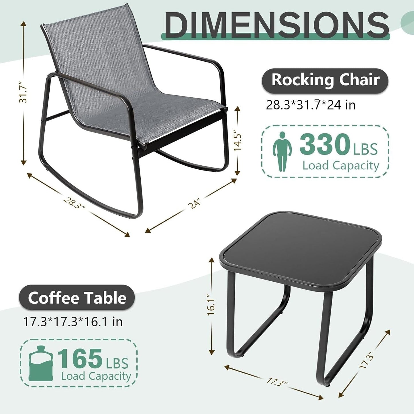 Set da bistrot con sedia a dondolo da esterno per patio, 3 pezzi, e tavolino da caffè con piano in vetro