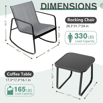 Set da bistrot con sedia a dondolo da esterno per patio, 3 pezzi, e tavolino da caffè con piano in vetro