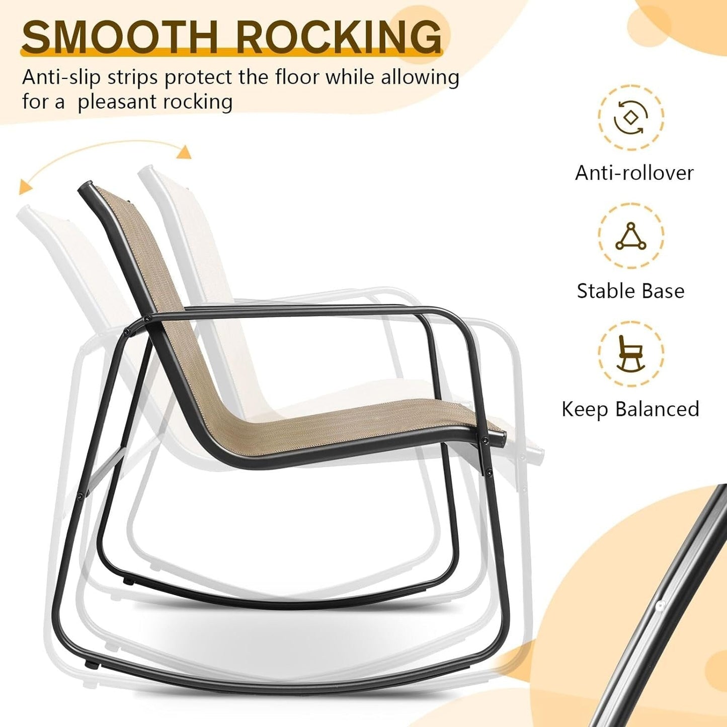 Set da bistrot con sedia a dondolo da esterno per patio, 3 pezzi, e tavolino da caffè con piano in vetro