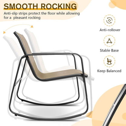 Set da bistrot con sedia a dondolo da esterno per patio, 3 pezzi, e tavolino da caffè con piano in vetro