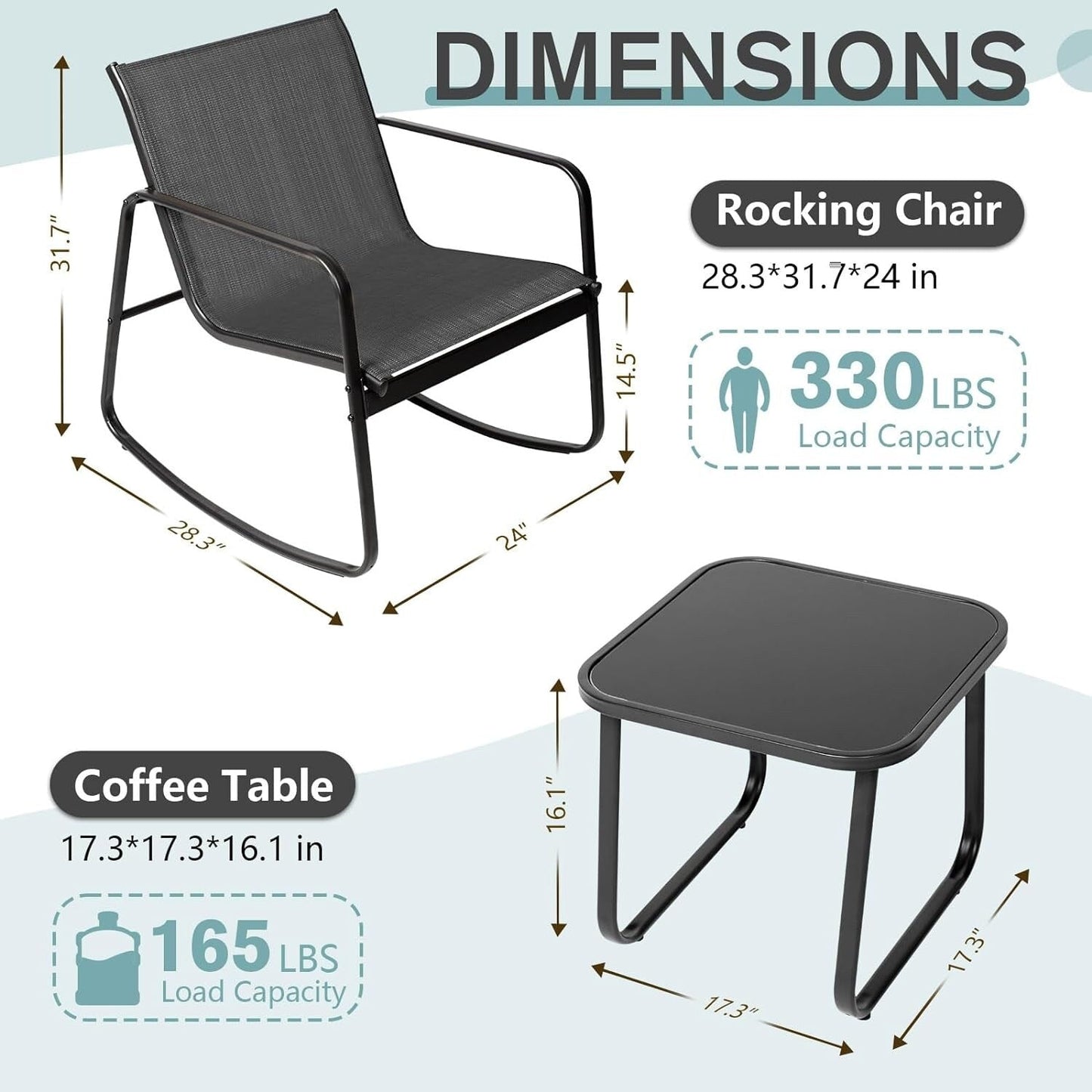 Set da bistrot con sedia a dondolo da esterno per patio, 3 pezzi, e tavolino da caffè con piano in vetro