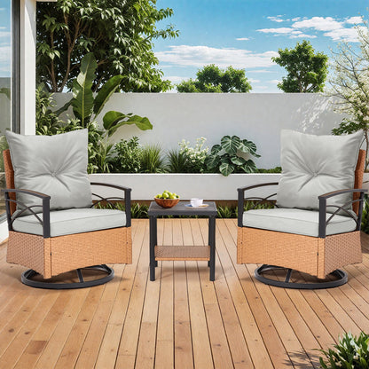 Set di 3 sedie a dondolo/girevoli da esterno - Mobili da giardino in rattan PE con cuscini e tavolino, sedie a dondolo per il cortile