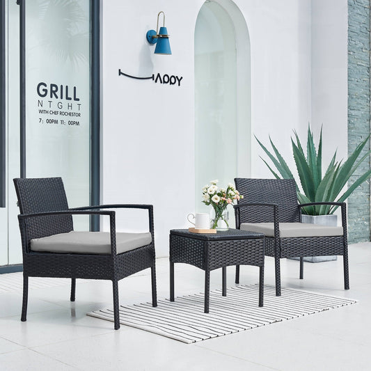 Set di mobili da esterno per patio, 3 pezzi, set di sedie da conversazione in rattan con tavolino laterale e cuscini