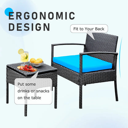 Set di mobili da esterno per patio, 3 pezzi, set di sedie da conversazione in rattan con tavolino laterale e cuscini