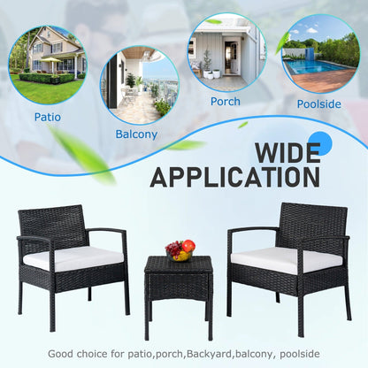 Set di mobili da esterno per patio, 3 pezzi, set di sedie da conversazione in rattan con tavolino laterale e cuscini