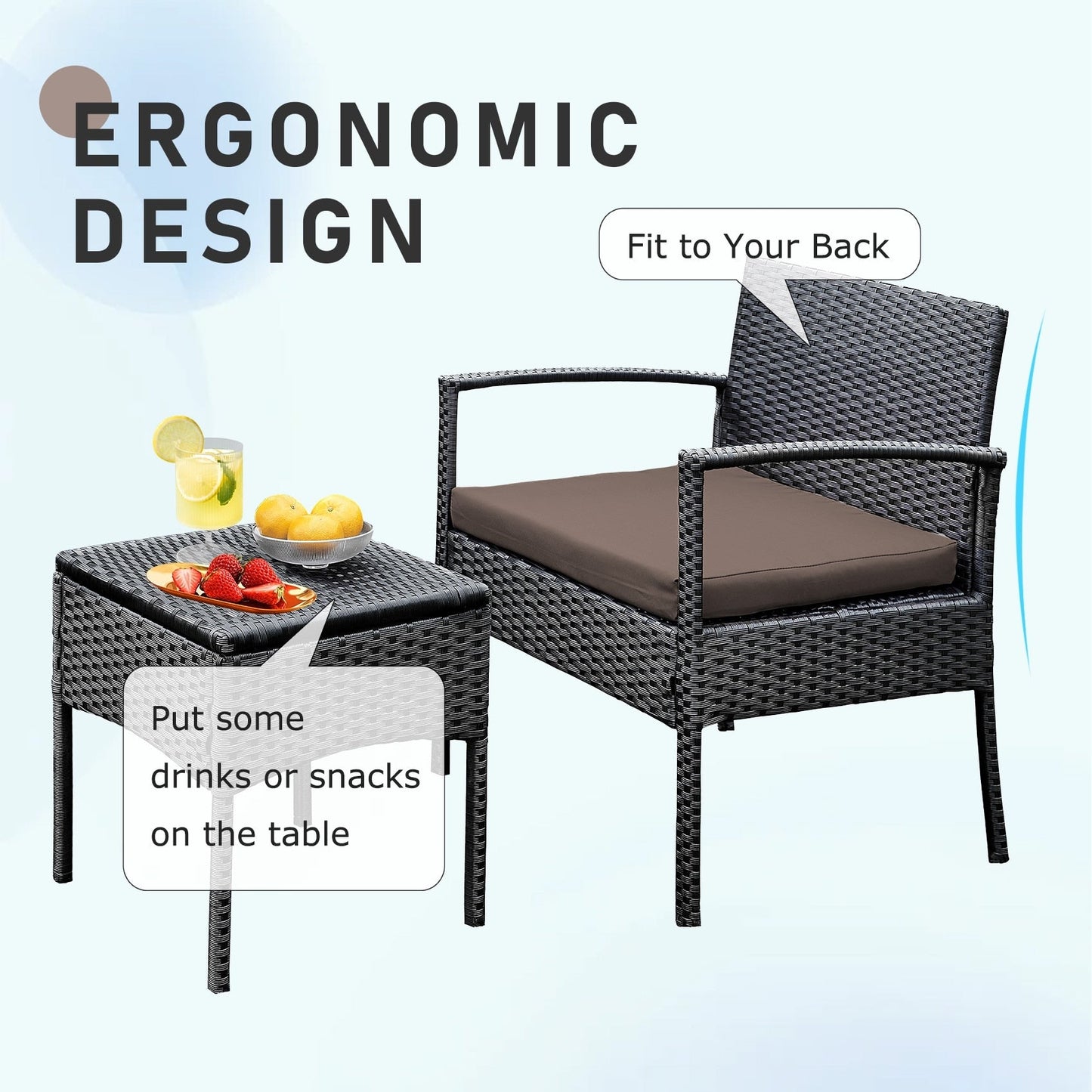 Set di mobili da esterno per patio, 3 pezzi, set di sedie da conversazione in rattan con tavolino laterale e cuscini