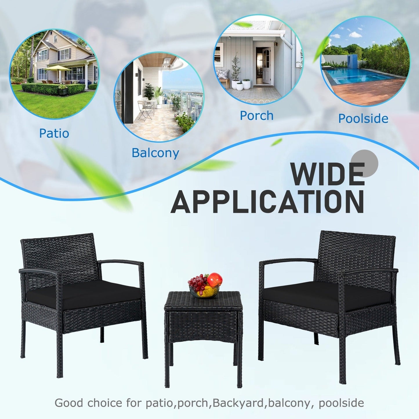 Set di mobili da esterno per patio, 3 pezzi, set di sedie da conversazione in rattan con tavolino laterale e cuscini