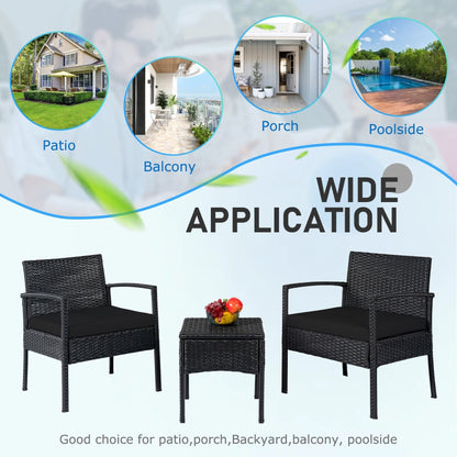 Set di mobili da esterno per patio, 3 pezzi, set di sedie da conversazione in rattan con tavolino laterale e cuscini