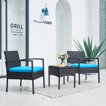 Set di mobili da esterno per patio, 3 pezzi, set di sedie da conversazione in rattan con tavolino laterale e cuscini