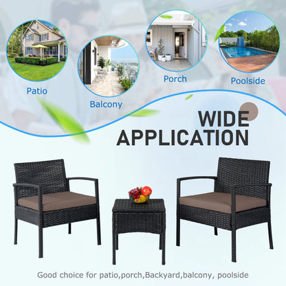 Set di mobili da esterno per patio, 3 pezzi, set di sedie da conversazione in rattan con tavolino laterale e cuscini