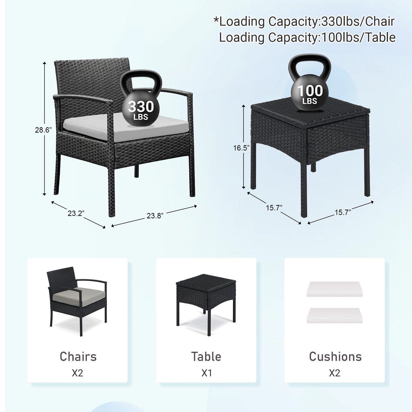 Set di mobili da esterno per patio, 3 pezzi, set di sedie da conversazione in rattan con tavolino laterale e cuscini