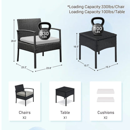 Set di mobili da esterno per patio, 3 pezzi, set di sedie da conversazione in rattan con tavolino laterale e cuscini