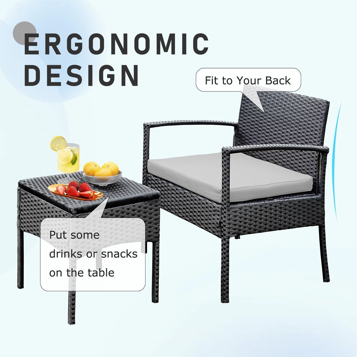 Set di mobili da esterno per patio, 3 pezzi, set di sedie da conversazione in rattan con tavolino laterale e cuscini