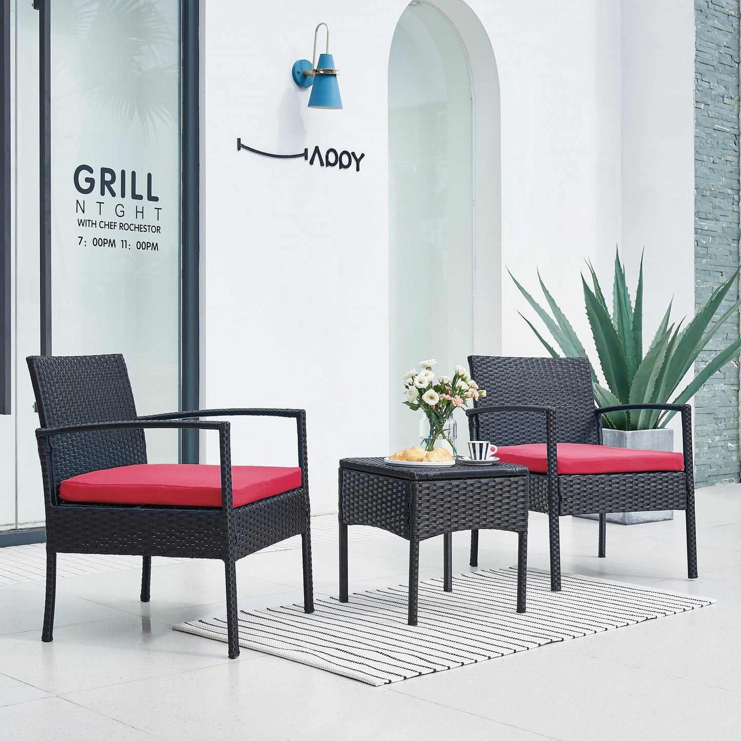 Set di mobili da esterno per patio, 3 pezzi, set di sedie da conversazione in rattan con tavolino laterale e cuscini