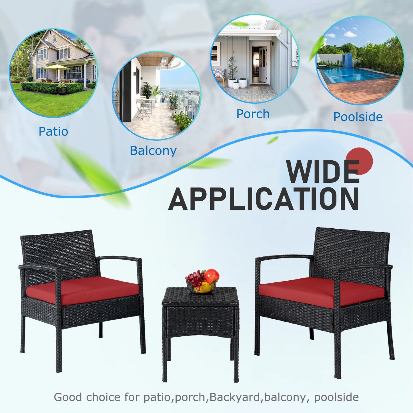 Set di mobili da esterno per patio, 3 pezzi, set di sedie da conversazione in rattan con tavolino laterale e cuscini