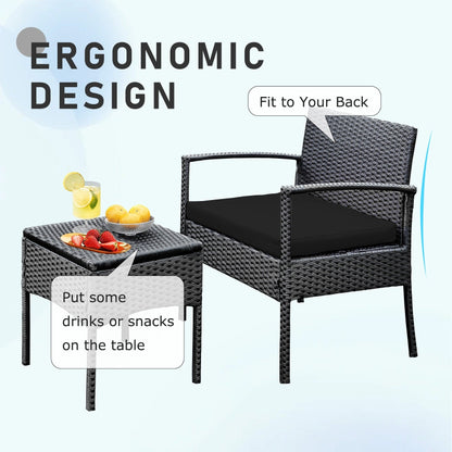 Set di mobili da esterno per patio, 3 pezzi, set di sedie da conversazione in rattan con tavolino laterale e cuscini