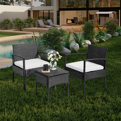 Set di mobili da esterno per patio, 3 pezzi, set di sedie da conversazione in rattan con tavolino laterale e cuscini