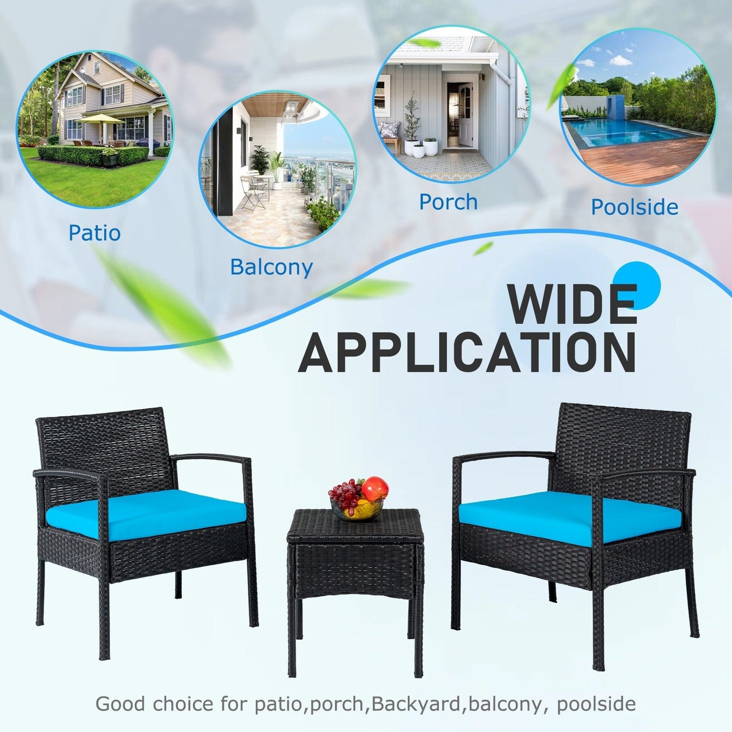 Set di mobili da esterno per patio, 3 pezzi, set di sedie da conversazione in rattan con tavolino laterale e cuscini