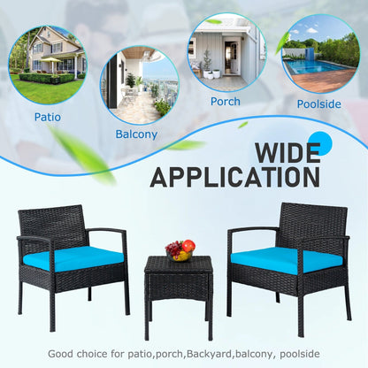 Set di mobili da esterno per patio, 3 pezzi, set di sedie da conversazione in rattan con tavolino laterale e cuscini