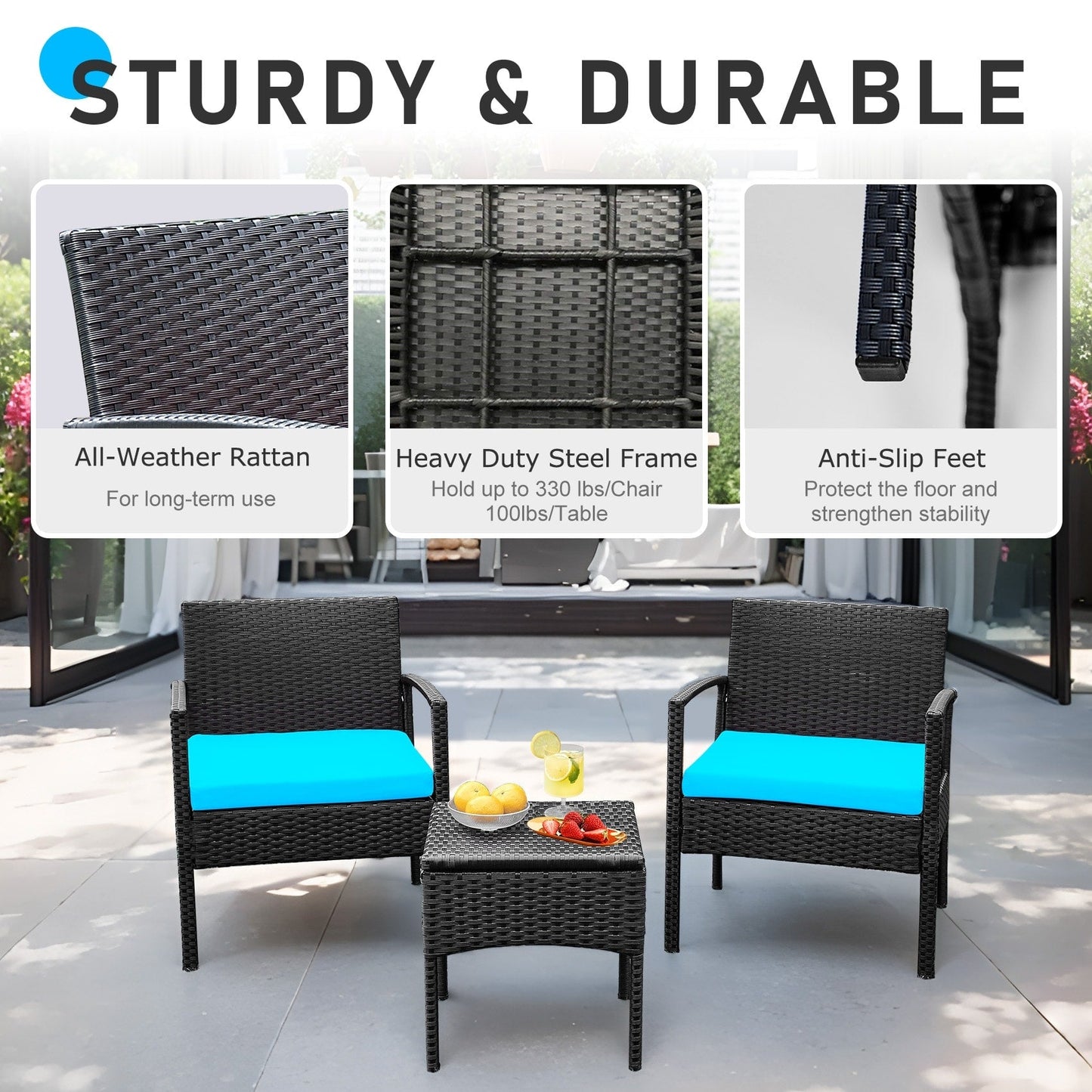 Set di mobili da esterno per patio, 3 pezzi, set di sedie da conversazione in rattan con tavolino laterale e cuscini