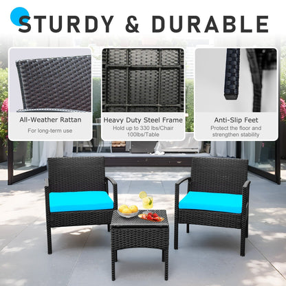 Set di mobili da esterno per patio, 3 pezzi, set di sedie da conversazione in rattan con tavolino laterale e cuscini