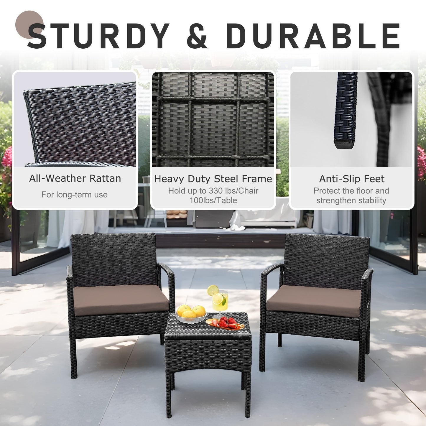 Set di mobili da esterno per patio, 3 pezzi, set di sedie da conversazione in rattan con tavolino laterale e cuscini