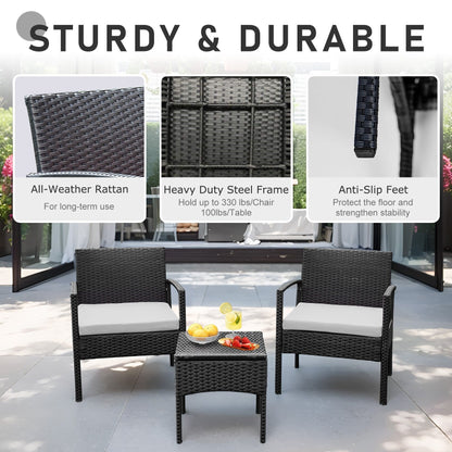 Set di mobili da esterno per patio, 3 pezzi, set di sedie da conversazione in rattan con tavolino laterale e cuscini
