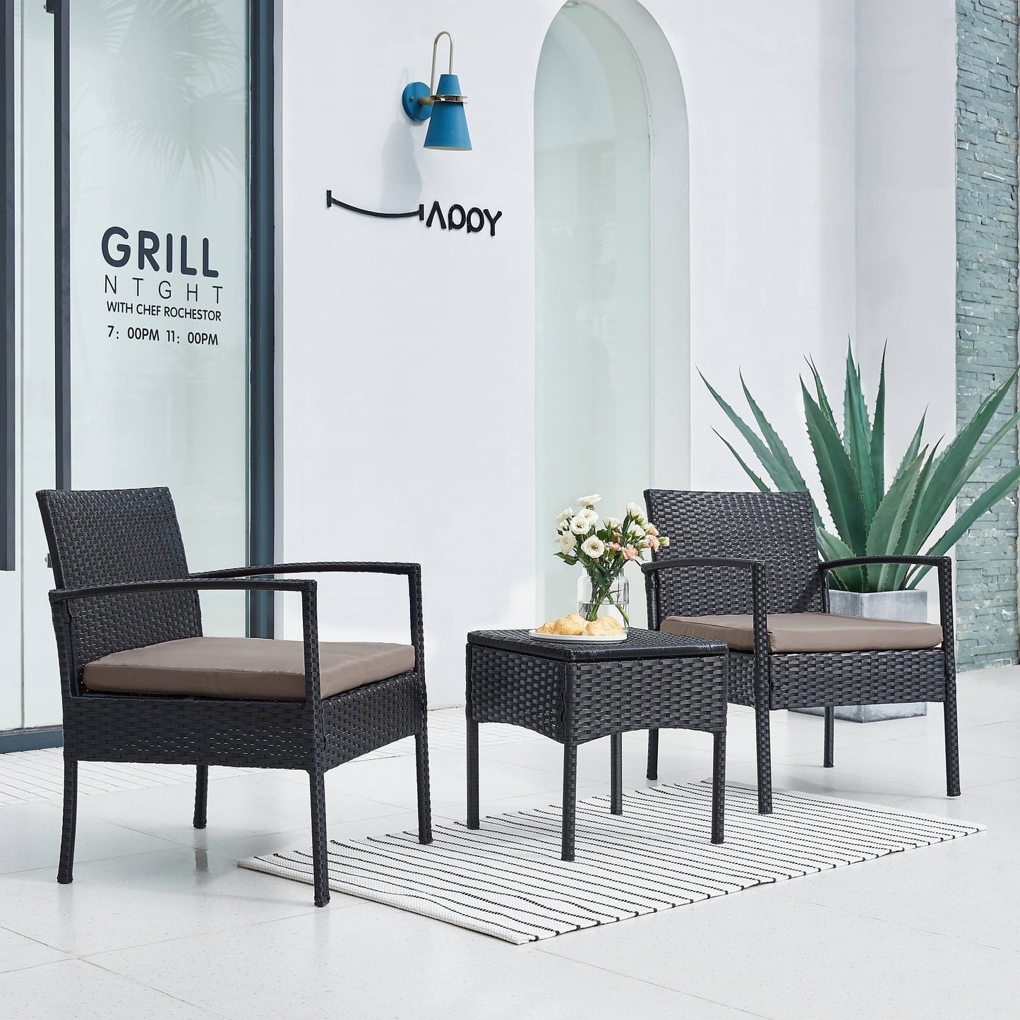 Set di mobili da esterno per patio, 3 pezzi, set di sedie da conversazione in rattan con tavolino laterale e cuscini